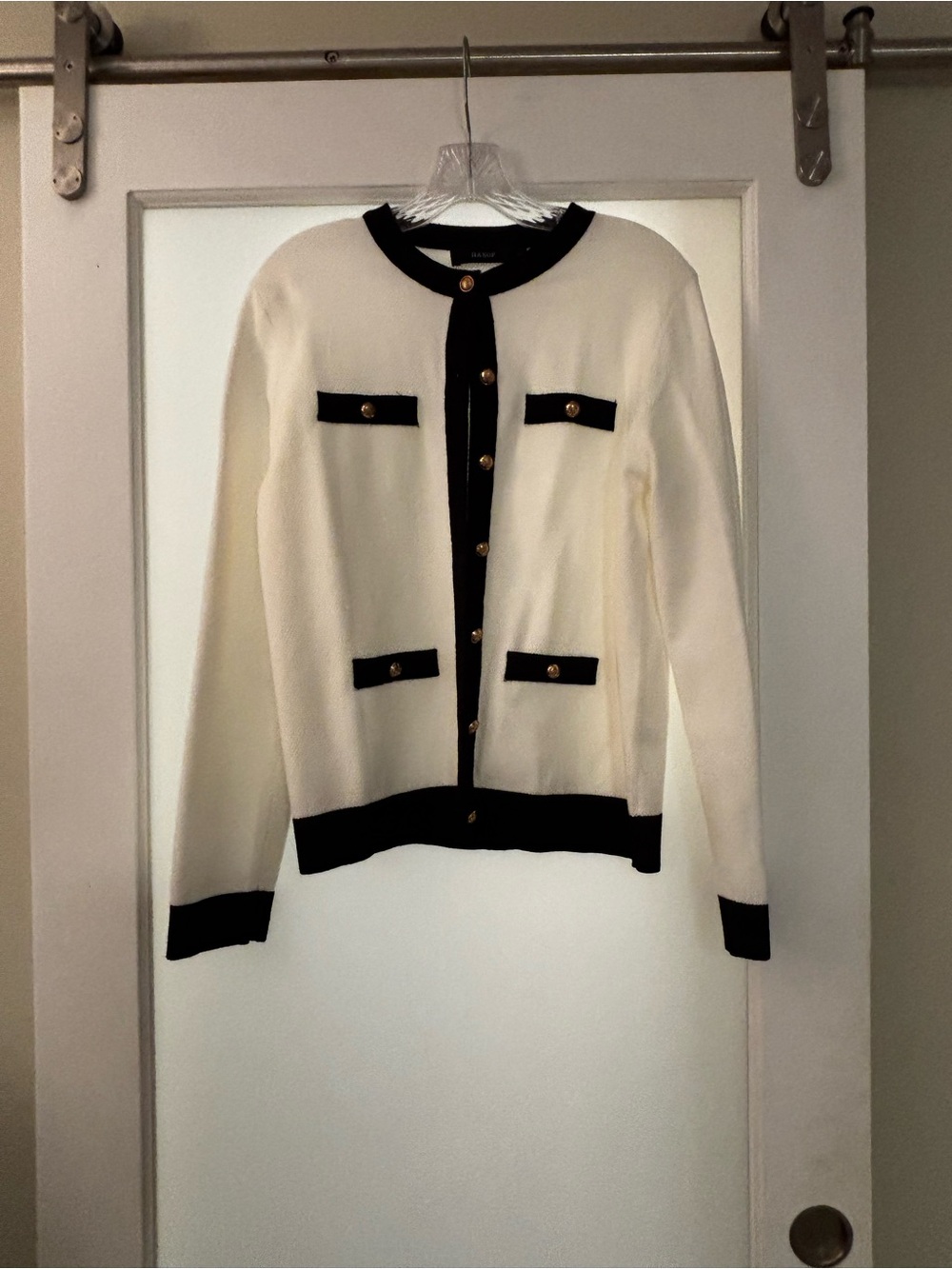 HAEOF White Cardigan with Black Trim and Gold Buttons